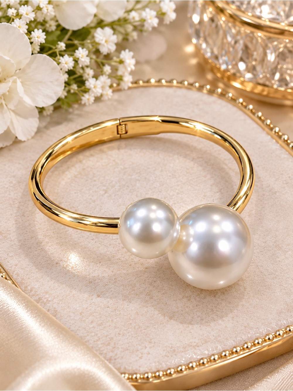 Gold Pearl Statement Bangle Bracelet - Women Jewelry